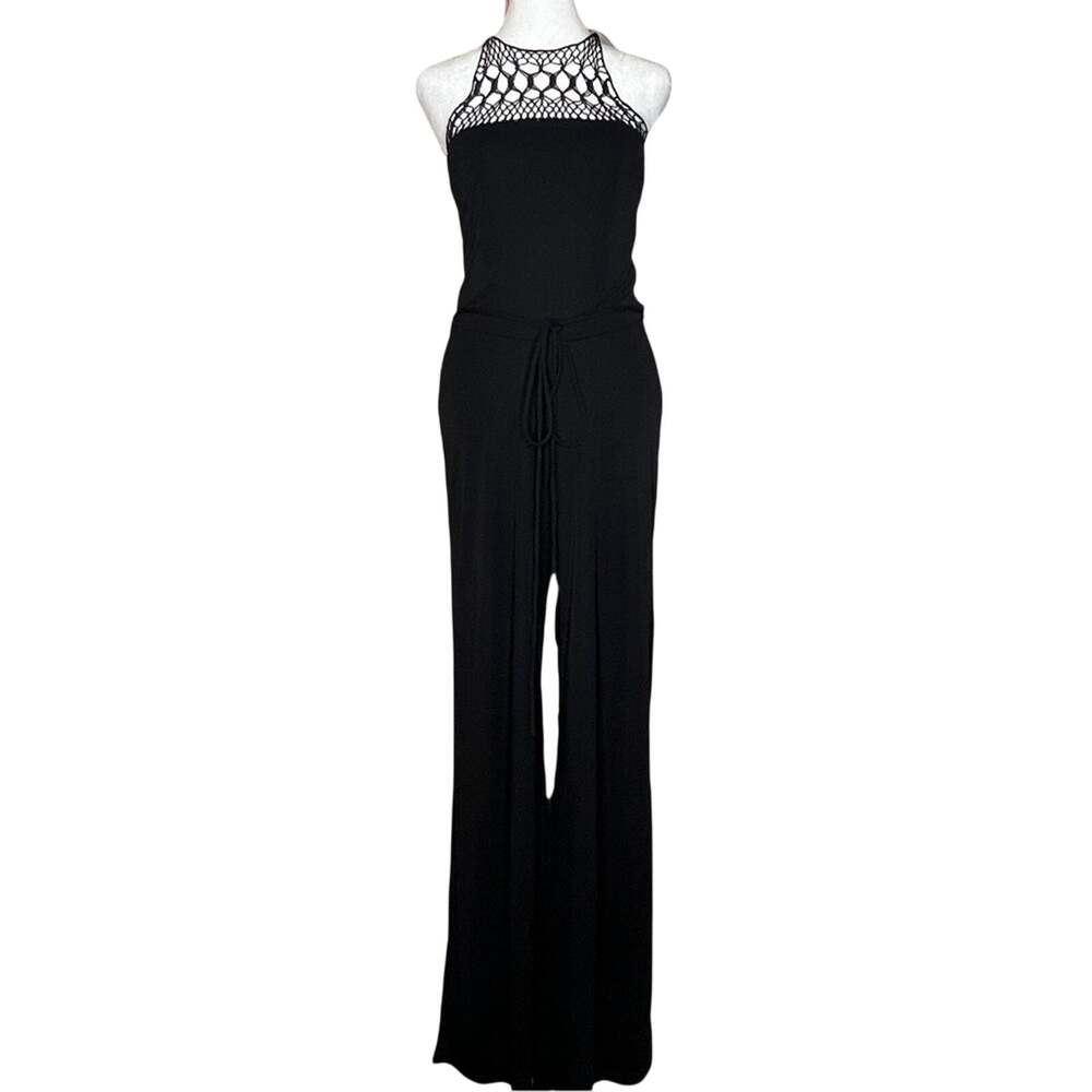 Lauren Ralph Lauren Crochet Halter Jumpsuit S Black Drawstring Wide Leg Boho
